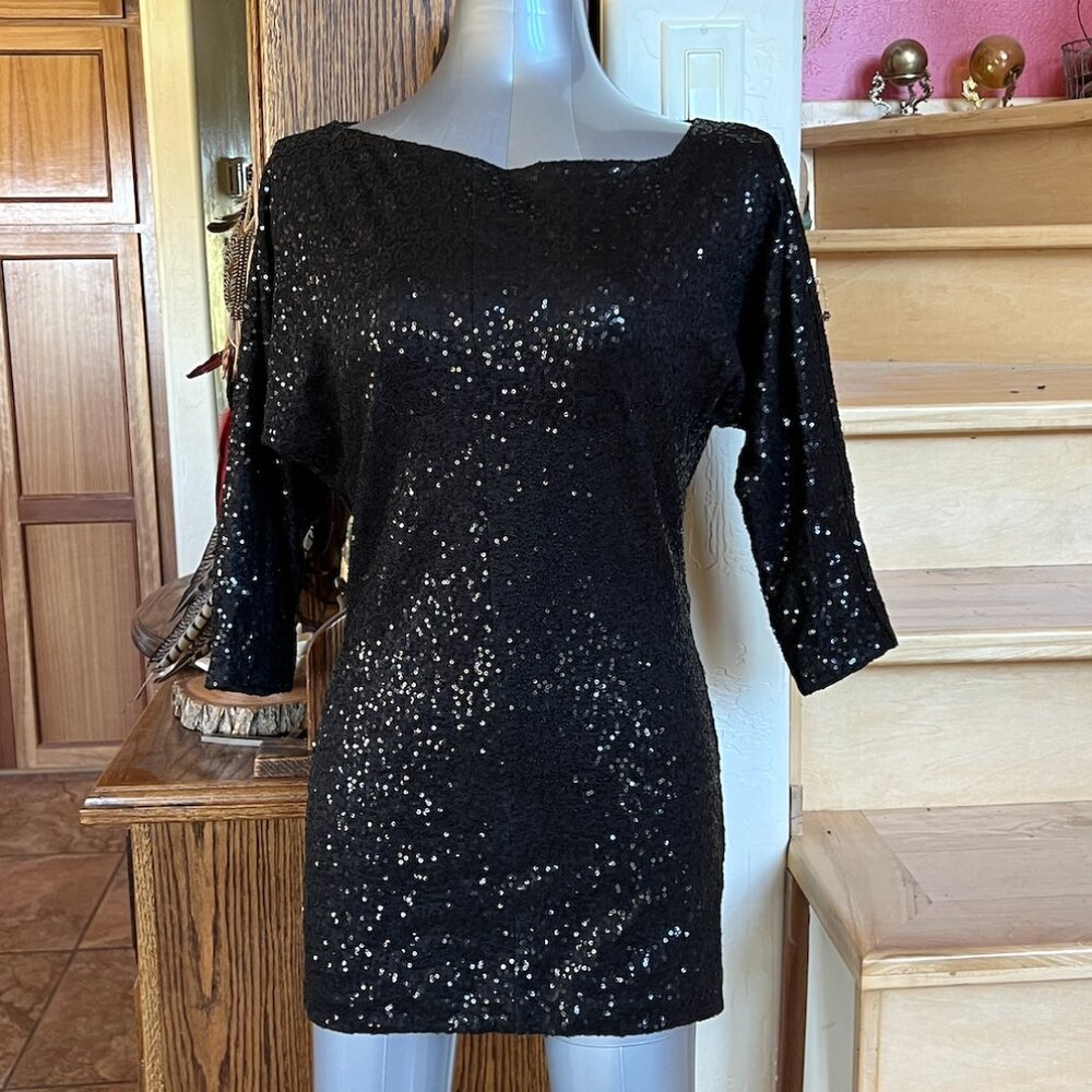 Bebe Black Sequin Short Dress 3/4 Dolman Sleeves, Asymmetrical Collar XS